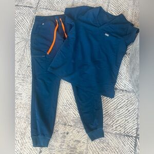Figs Teal Blue Scrub Top and Jogger Bottoms